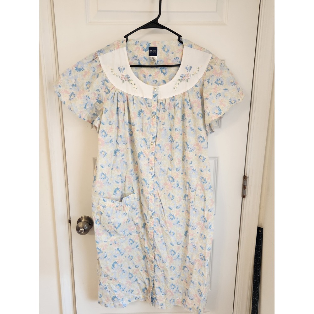 Basic Editions Floral House Dress Medium Blue Pink Butterfly Embroidered pajamas